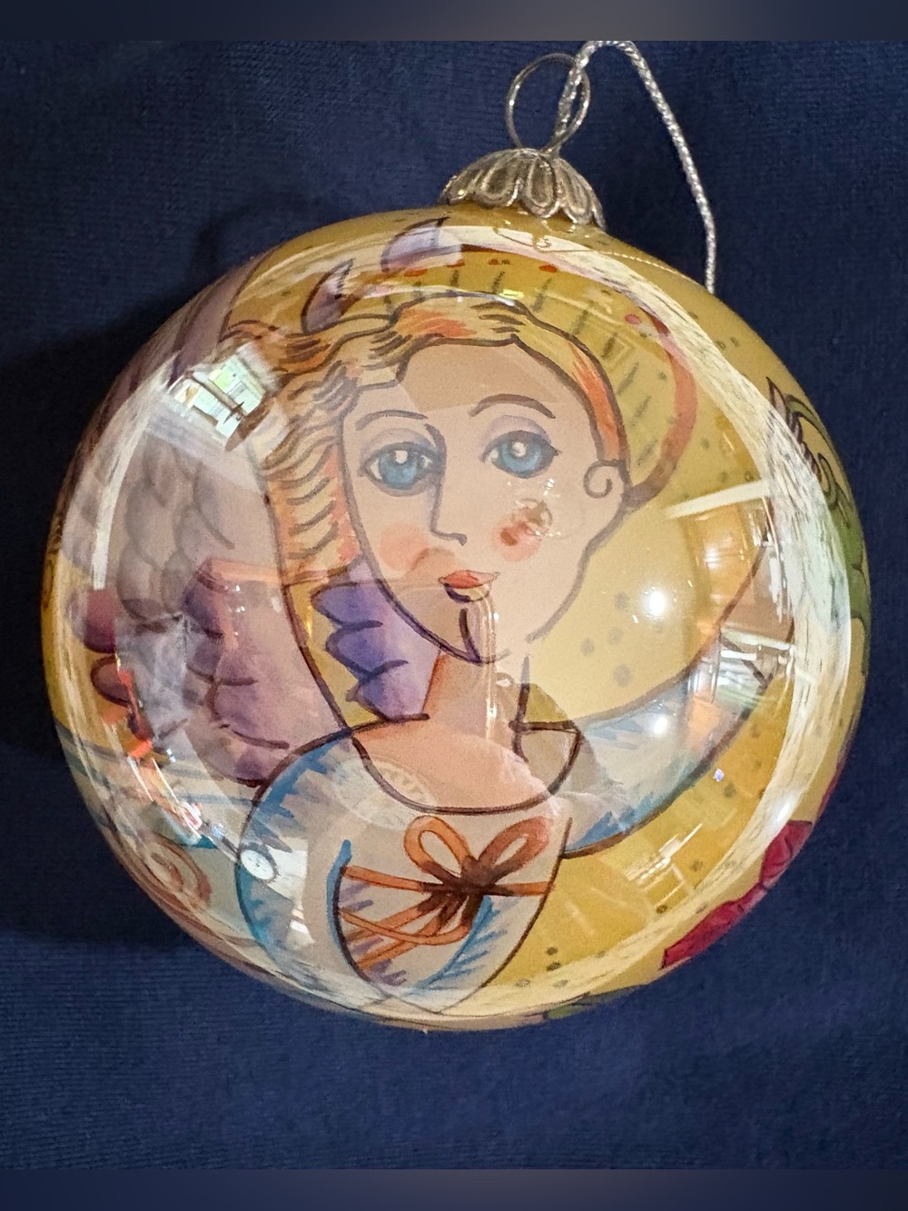Vintage Pier 1 Li Bien 2006 Garden Angel Glass Ornament Reverse Painted w/Box